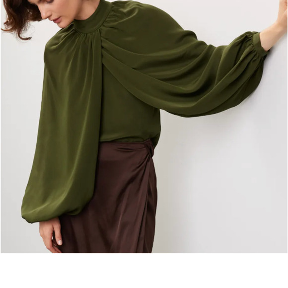 CO Olive Green Wrap Top MEDIUM Balloon Sleeve Career Mockneck Silk Designer $900 - Picture 5 of 12